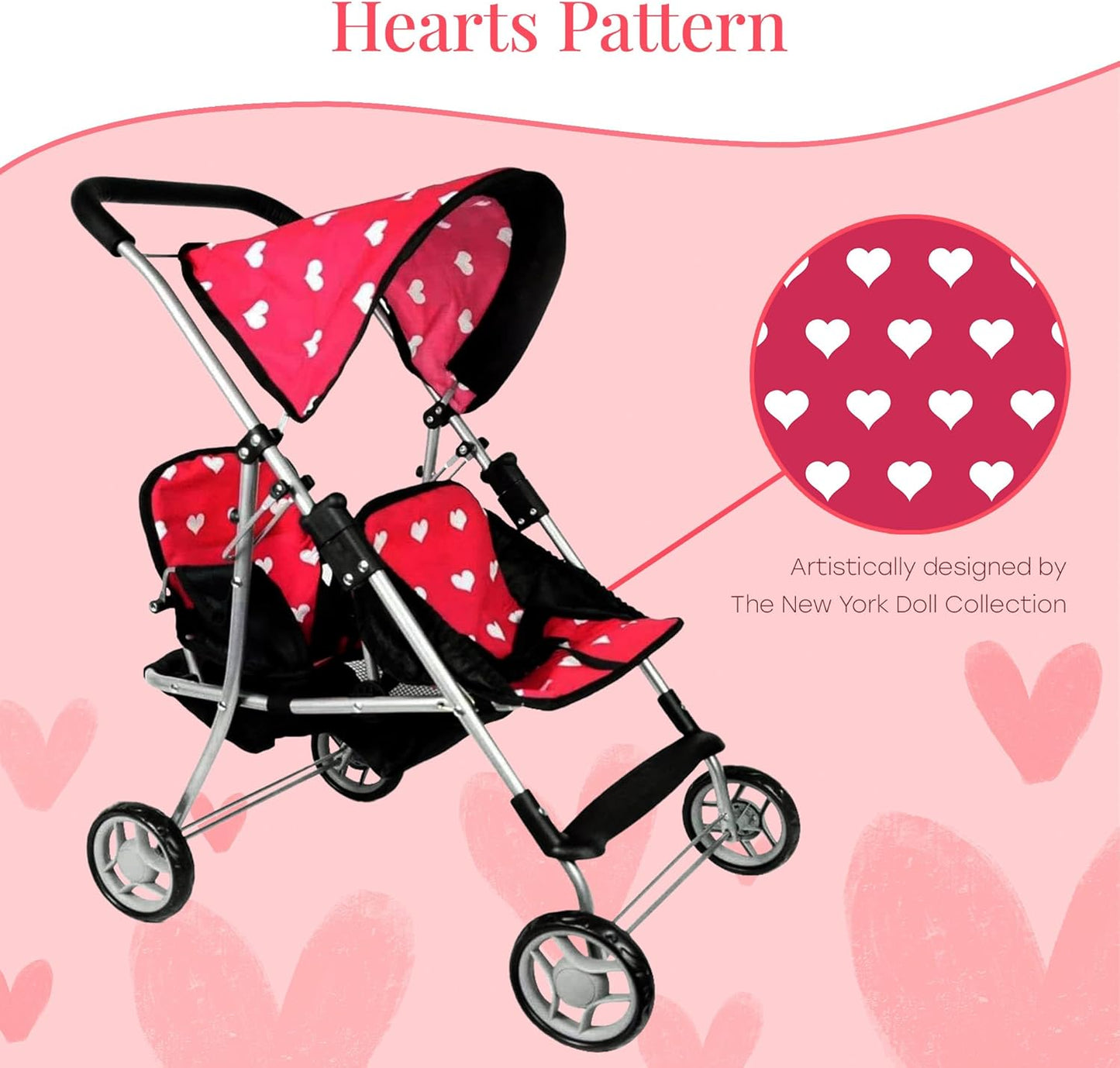 The New York Doll Collection First Twin Stroller - Cutest Heart Design Baby Strollers Great Toy Gift for Toddlers and Girls (Denim) Blue,pink