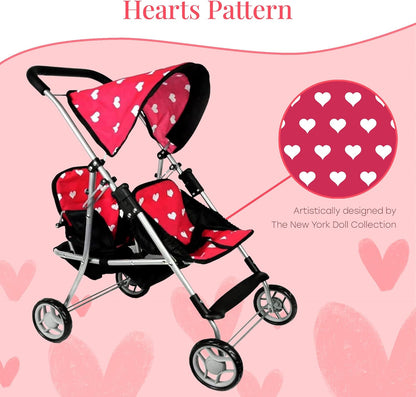 The New York Doll Collection First Twin Stroller - Cutest Heart Design Baby Strollers Great Toy Gift for Toddlers and Girls (Denim) Blue,pink