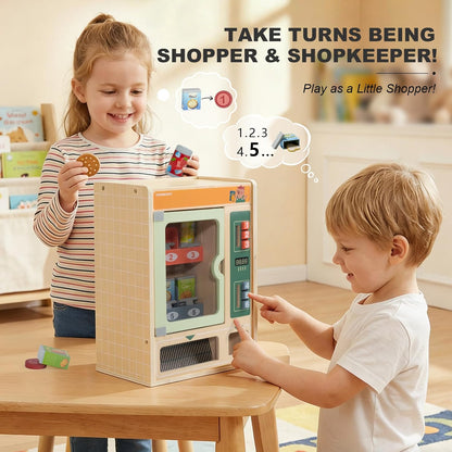 TOPBRIGHT Wooden Vending Machine Play Set for Preschoolers 3+, Kids Pretend Play Toy for Boys and Girls with Snack Bars, Drink Cans & Coins