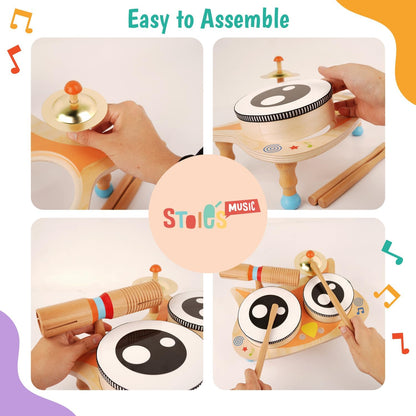 Stoie's Wooden Toddler Musical Instruments with Drum, Hand Bells, Flute, Maracas, Castanet, Tamburine, for Babies and Kids, Eco Friendly Montessori Educational Toy