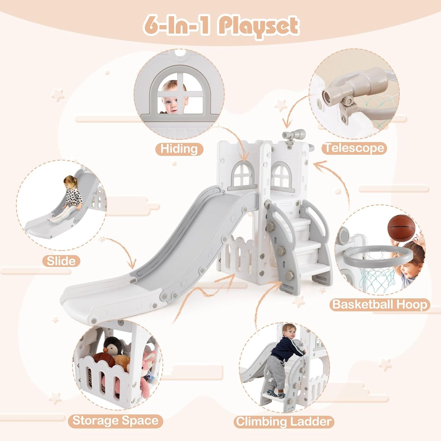 BABY JOY Toddler Slide, 6-in-1 Indoor Kids Slide Playset with Basketball Hoop, Telescope, Climbing Ladder & Storage Space, Freestanding Playhouse & Climber for Kids Aged 1-3 (Pink)