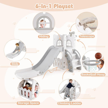 BABY JOY Toddler Slide, 6-in-1 Indoor Kids Slide Playset with Basketball Hoop, Telescope, Climbing Ladder & Storage Space, Freestanding Playhouse & Climber for Kids Aged 1-3 (Pink)