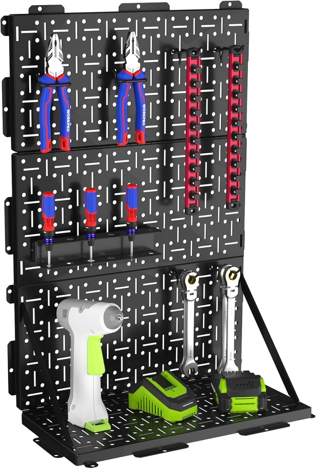 WORKPRO 16”x 16” Metal Peg Board, Foldable Black Pegboard for Wall Organization, Steel Panel with Round Holes & Vertical Slots, Ideal Tool Organizer in Office and Craft Room, 3 Pack