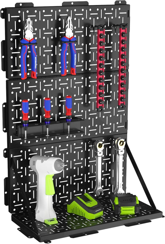 WORKPRO 16”x 16” Metal Peg Board, Foldable Black Pegboard for Wall Organization, Steel Panel with Round Holes & Vertical Slots, Ideal Tool Organizer in Office and Craft Room, 3 Pack