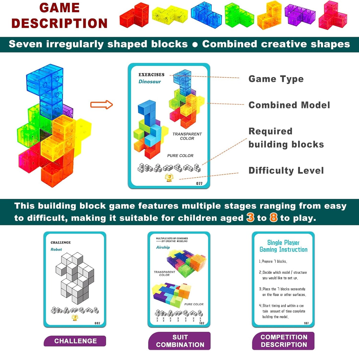 Magnetic Building Blocks Magic Magnetic 3D Puzzle Cubes, Set of 7 Multi Shapes Magnetics Blocks with 54 Guide Cards, Children's Educational Toys and Stress Relief Fidget Toys for Kids Adults