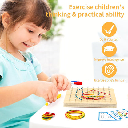 HEELWIRE Wooden Geoboard,Montessori Toy,Graphical Mathematical Education Toy for Kids with Pattern Cards and Rubber Bands to Figures and Shapes, Brain Teaser STEM Toy Geo Board (6 * 6 * 0.6 in)