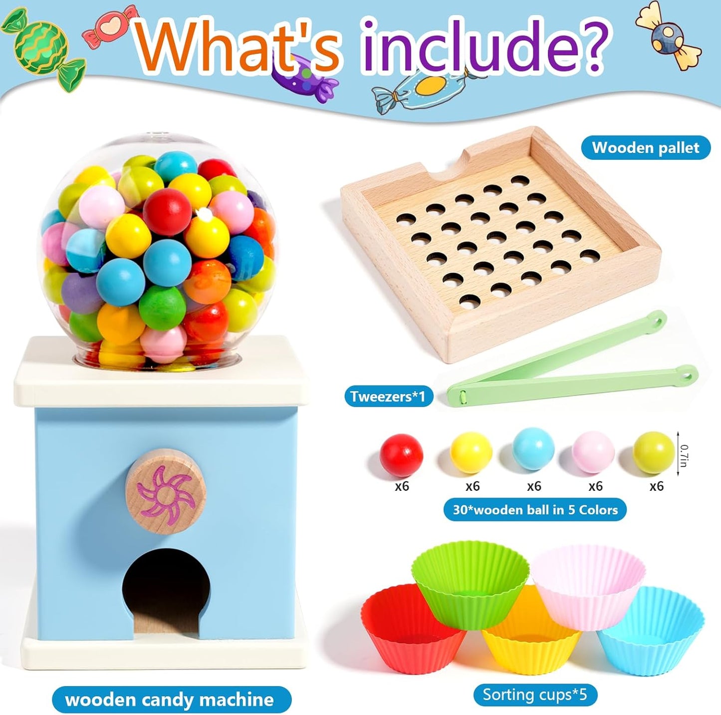 QimuMku 9.6" Wooden Gumball Machine Counting Montessori Toys for 3 4 5 Years Old Boys Girls, Toddler Preschool Learning Activities Toy for Kids Ages 4-8, Birthday Gifts Sensory Toys