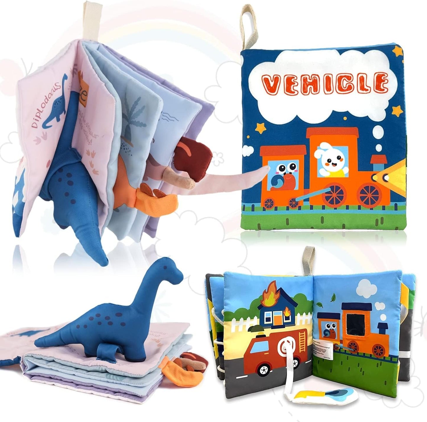 Richgv Baby Books Toys 0-6-12 Months, Baby Boy Gifts Touch and Feel Crinkle Books with Dino Doll, Newborn Infant Carseat Toys 6-9-12 Months Shower Gifts Easter Basket Stuffers