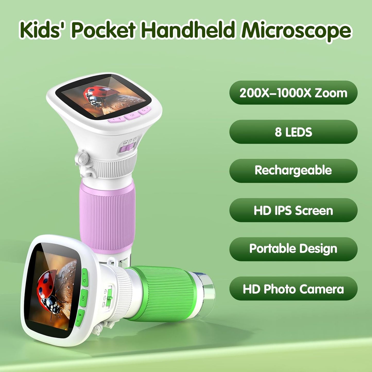 Microscope for Kids, EDCREATY 200X-1000X Portable Pocket Handheld Microscope, 2.4 High-Definition Screen, 200W Pixels for Birthday Christmas Holiday Toys Gifts for 5 6 7 8 9 10 11 12 Kids(White+Green)