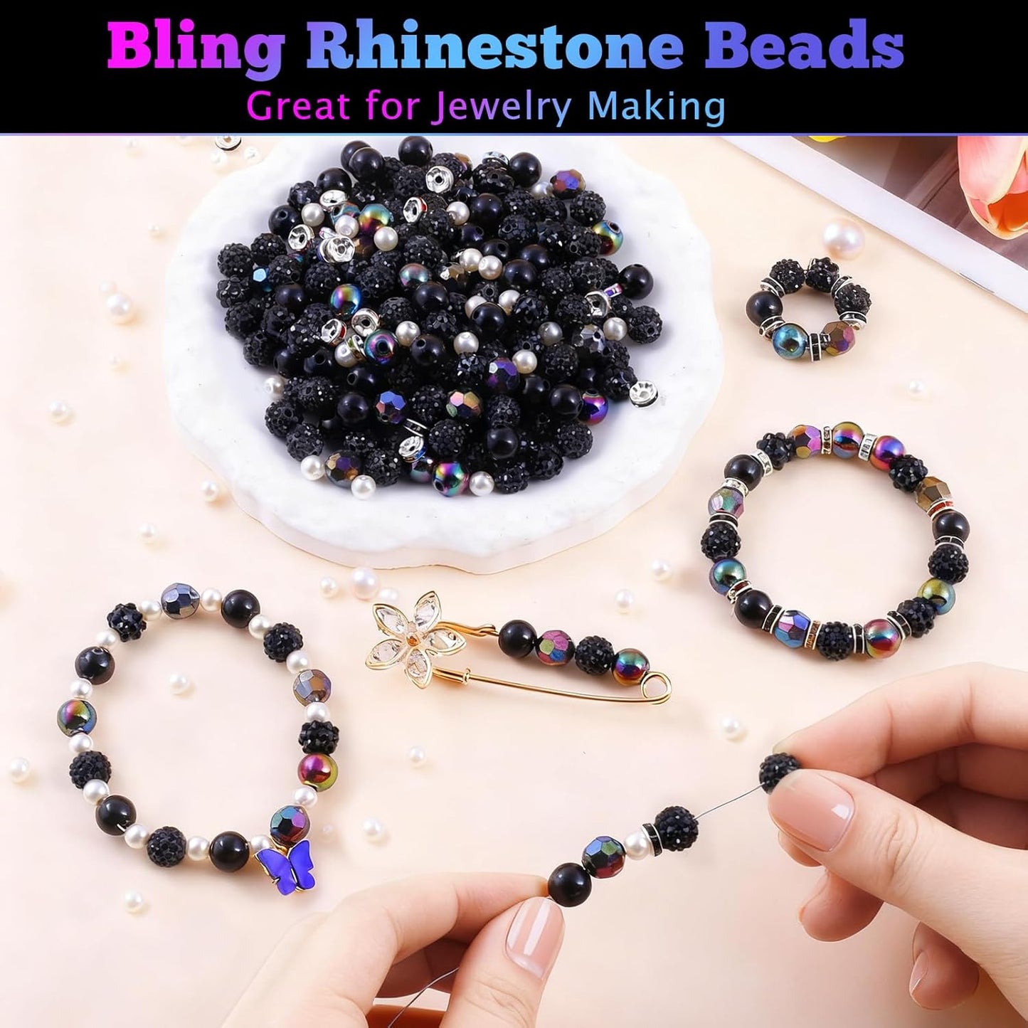 300 Pcs Diamonds Beads for Jewelry Making, Included 10 mm Red Rhinestone Beads for Bracelets, Bubblegum Bead for Pen Making, Pearl and Spacer Bead for Bracelet Necklace Earring Crafting