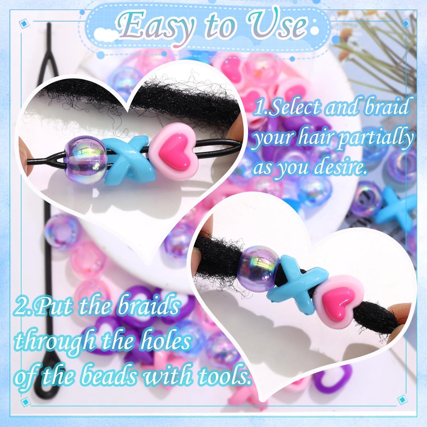 60PCS Pink White Hair Beads for Braids Three Styles Cute Loc Beads Heart Shape Bead for Kids Dreadlock AB Color Round Pony Bead Accessories