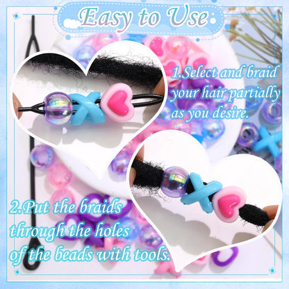 60PCS Pink White Hair Beads for Braids Three Styles Cute Loc Beads Heart Shape Bead for Kids Dreadlock AB Color Round Pony Bead Accessories