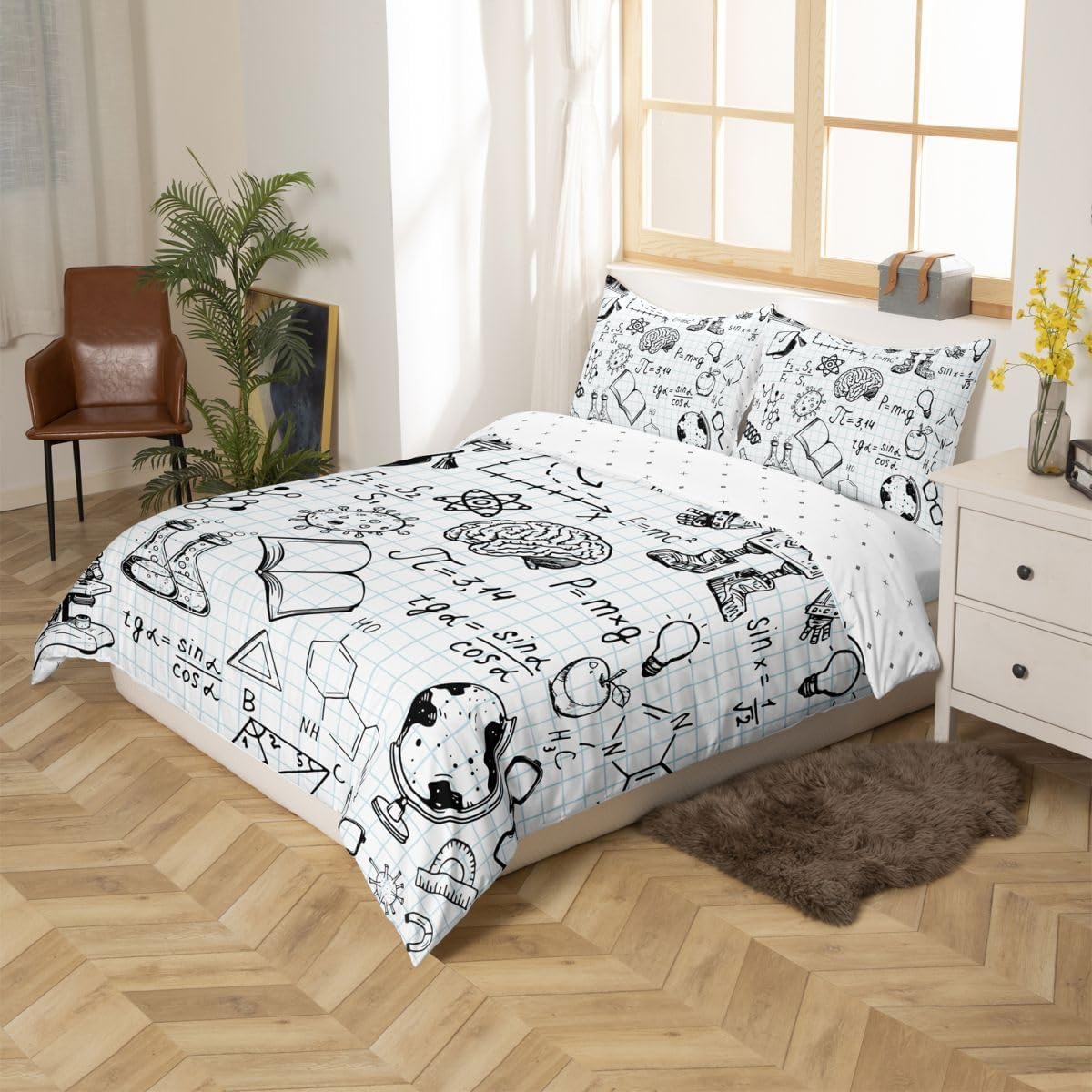 Feelyou Cute Robot Bedding Set for Girls Boys Children Math Chemistry Subject Comforter Cover Black White Grid Plaid Duvet Cover Room Decor Physical Formula Bedspread Cover Full Size 3Pcs