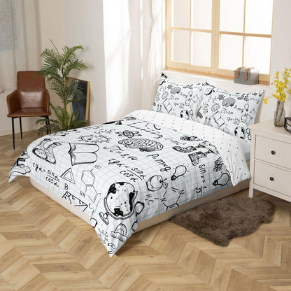 Feelyou Cute Robot Bedding Set for Girls Boys Children Math Chemistry Subject Comforter Cover Black White Grid Plaid Duvet Cover Room Decor Physical Formula Bedspread Cover Full Size 3Pcs