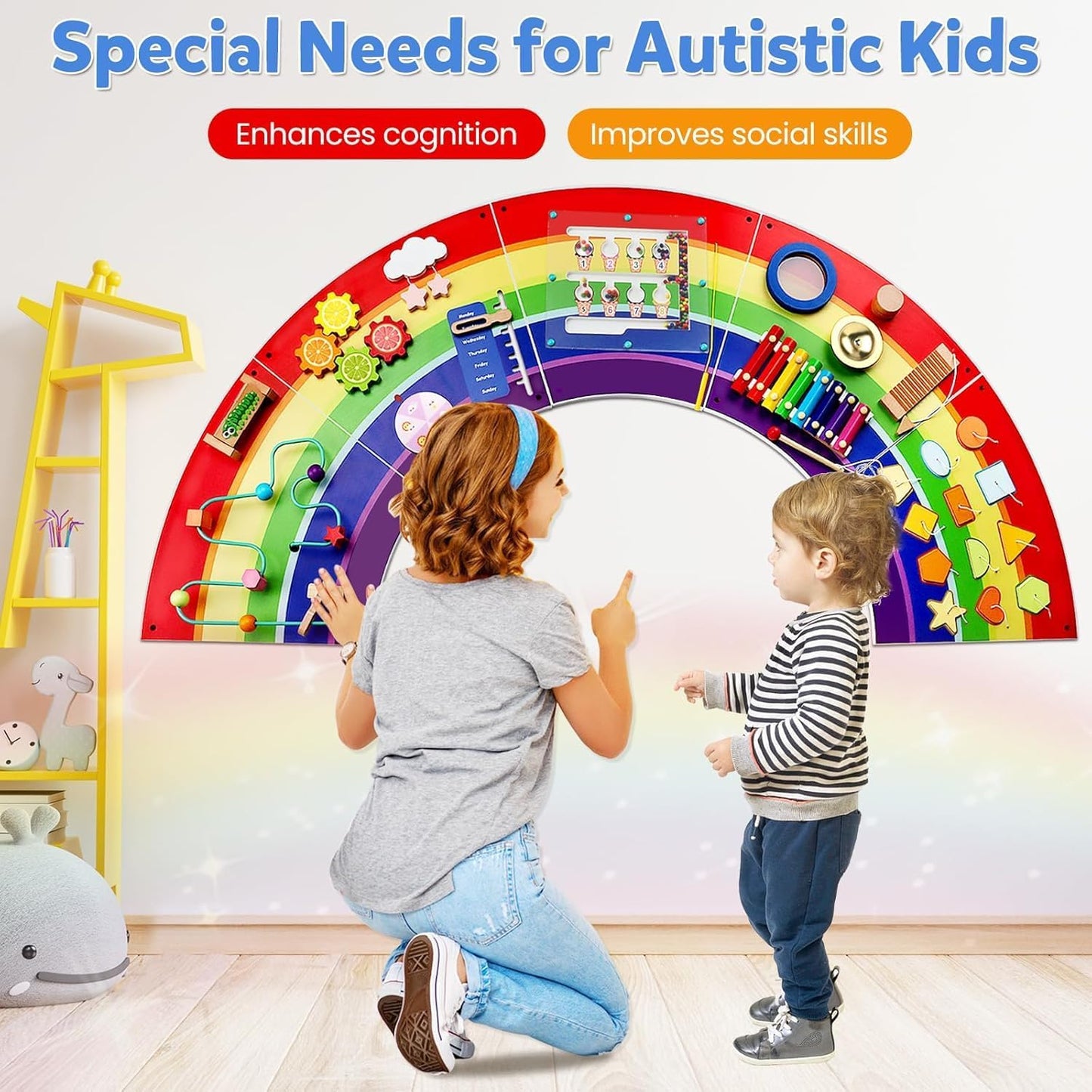 Rainbow Wall Busy Board for Kids: Wooden Montessori Activity Panel | 13-in-1 Sensory Learning Toys for Fine Motor Skills - Playroom & Nursery Essentials for Toddlers