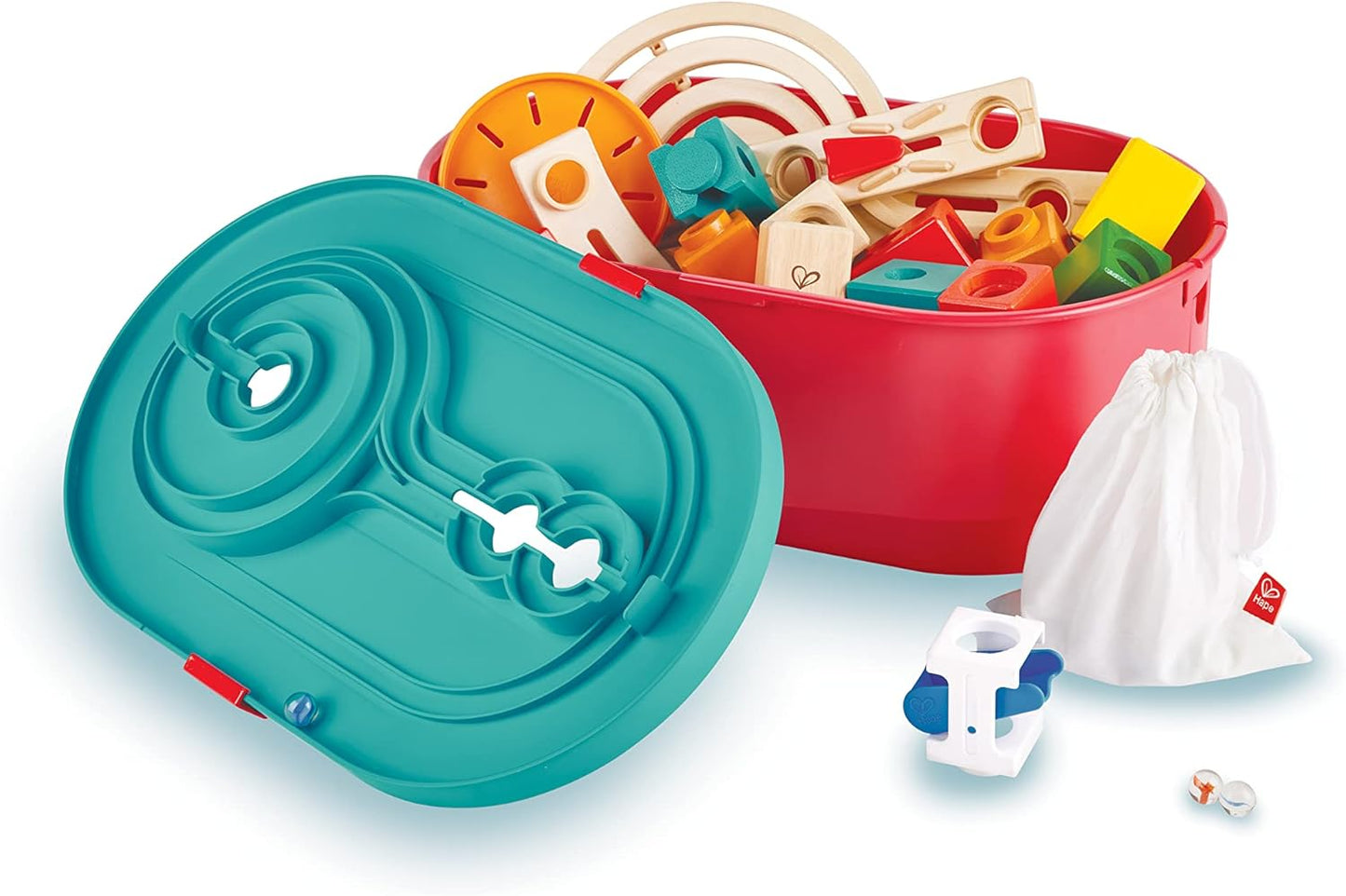 Hape 90 Piece Quadrilla Stack Track Bucket Box Marble Race Building Set for Children Ages 4 and Up with 25 Marbles for STEAM Learning