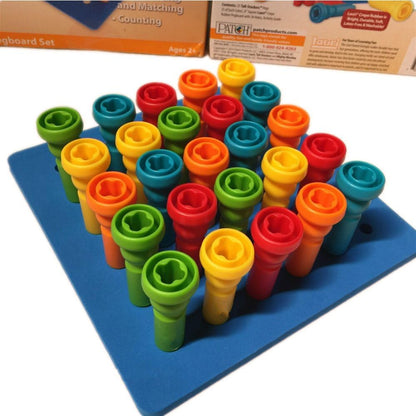 Peg Board Set Toys-Montessori Occupational Therapy Fine Motor Skills Toy, Suitable for Toddlers and Preschoolers Over 3+ Year Old. 25 Tall-Stacker Pegs Rubber 8" Pegboard