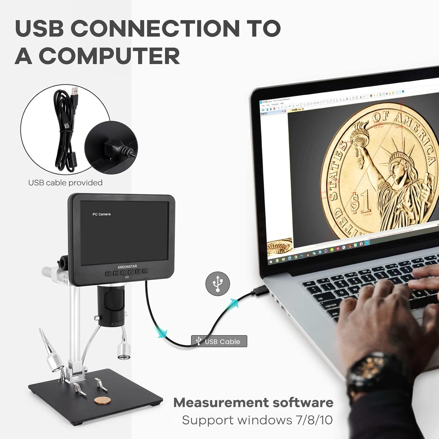Andonstar AD246S-M HDMI Digital Microscope 2000x for Adults, 3 Lens 2160P UHD Video Record, 7 Inch LCD Soldering Microscope for Electronics Repair, Error Coins, Pro Boom Arm Stand, Windows Compatible
