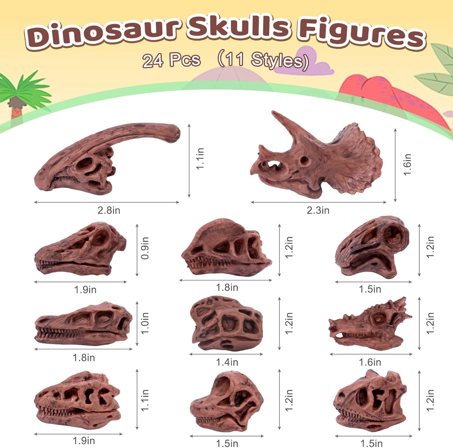 24-Piece Dinosaur Bone for Sandbox, Realistic Dinosaur Figure Plastic Dino Skulls Bulk for Sand Box Easter Dino Themed Birthday Party Digging Sensory Bin Cake Decoration Classroom Prize, Brown