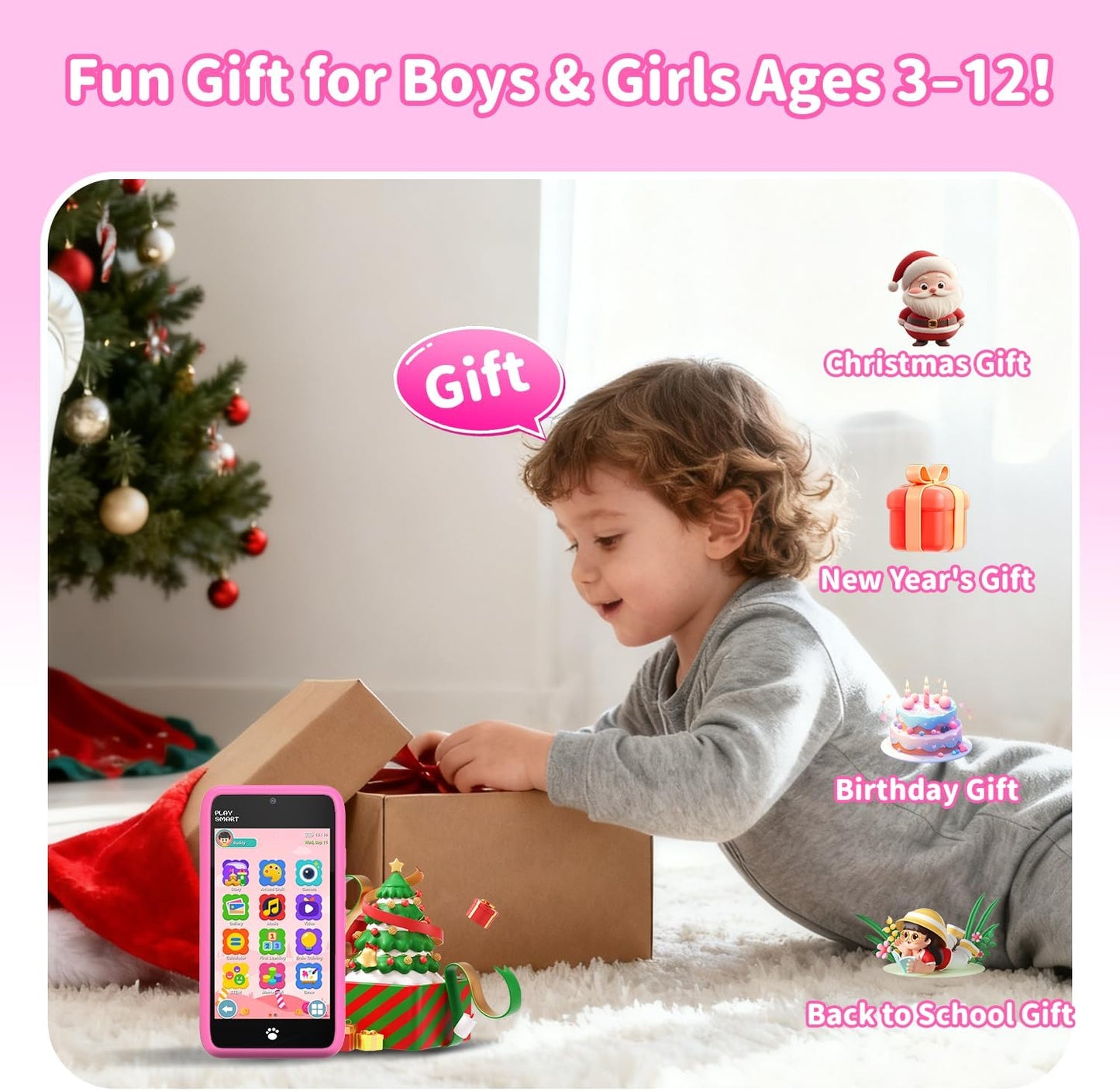 MOMILLA Kids Smart Phone Toys for Girls, 3.97” Touchscreen, Dual Cameras with Stickers, 200+ Games & 16GB Storage, Christmas Birthday Gifts for Kids Age 3-10, Educational Mini Toddler Play Phone Toy