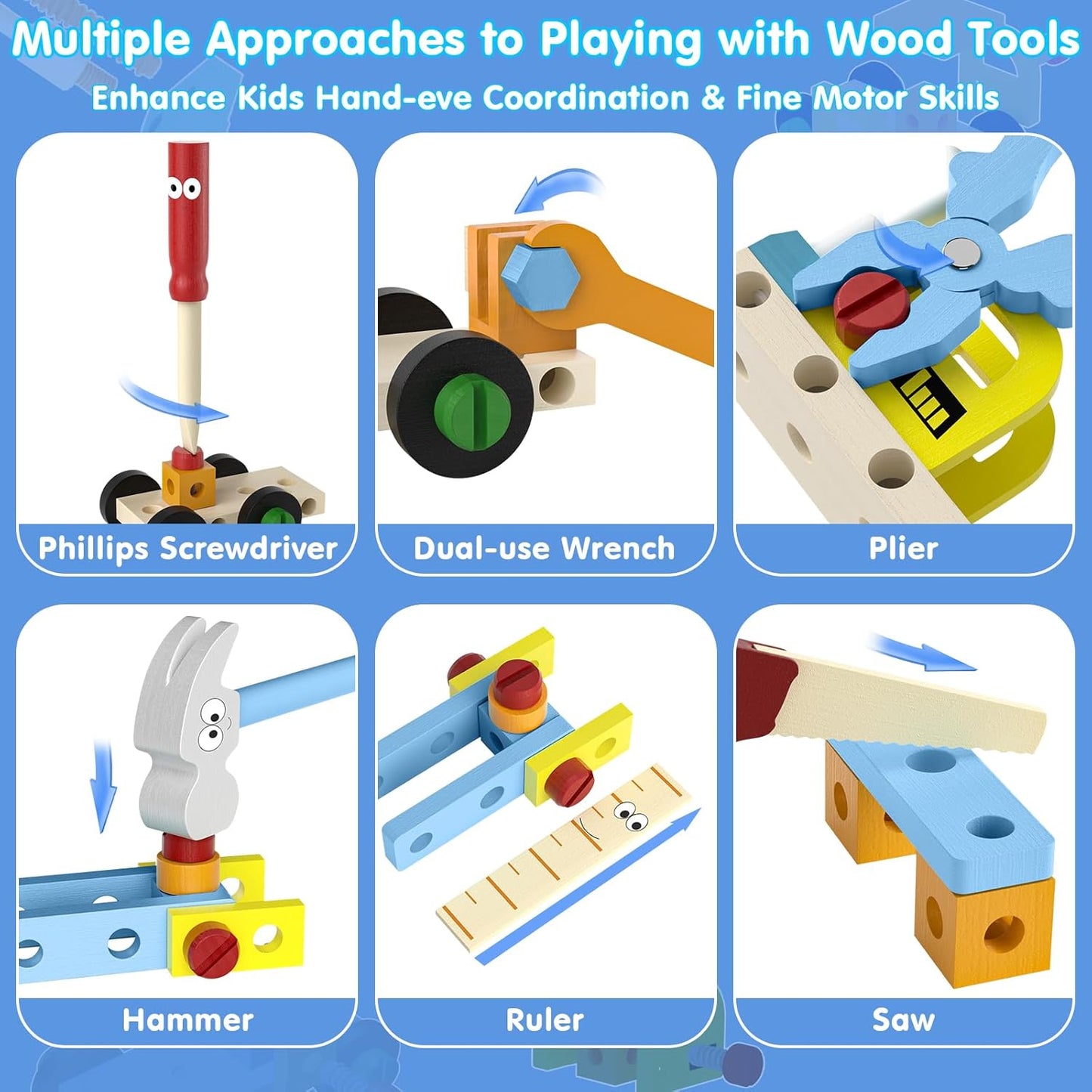 MindPal 45 Pcs Kids Tool Set, Toddler Tool Set with Tool Box, STEM Construction Preschool Educational Toys for Age 3 4 5 6 7 Boys Girls, Wooden Tool Kits Toys, Christmas Birthday Present for Kids