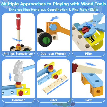 MindPal 45 Pcs Kids Tool Set, Toddler Tool Set with Tool Box, STEM Construction Preschool Educational Toys for Age 3 4 5 6 7 Boys Girls, Wooden Tool Kits Toys, Christmas Birthday Present for Kids