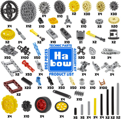 Habow 852pcs Technic-Parts Gears-Axle-Pin-Connector Compatible with Mainstream Brands, Shock-Absorber Wheels Chain Link Frame Joints Differential Engine Kit. MOC Pieces for Toy Building Sets