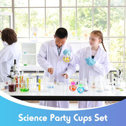 Jingmore 36 Pcs Science Party Theme Cups Set with Silly Loop Straws Science Stickers Plastic Reusable Small Conical Flask Bottles Test Tubes for Birthday Party Decorations(Spherical Bottles)