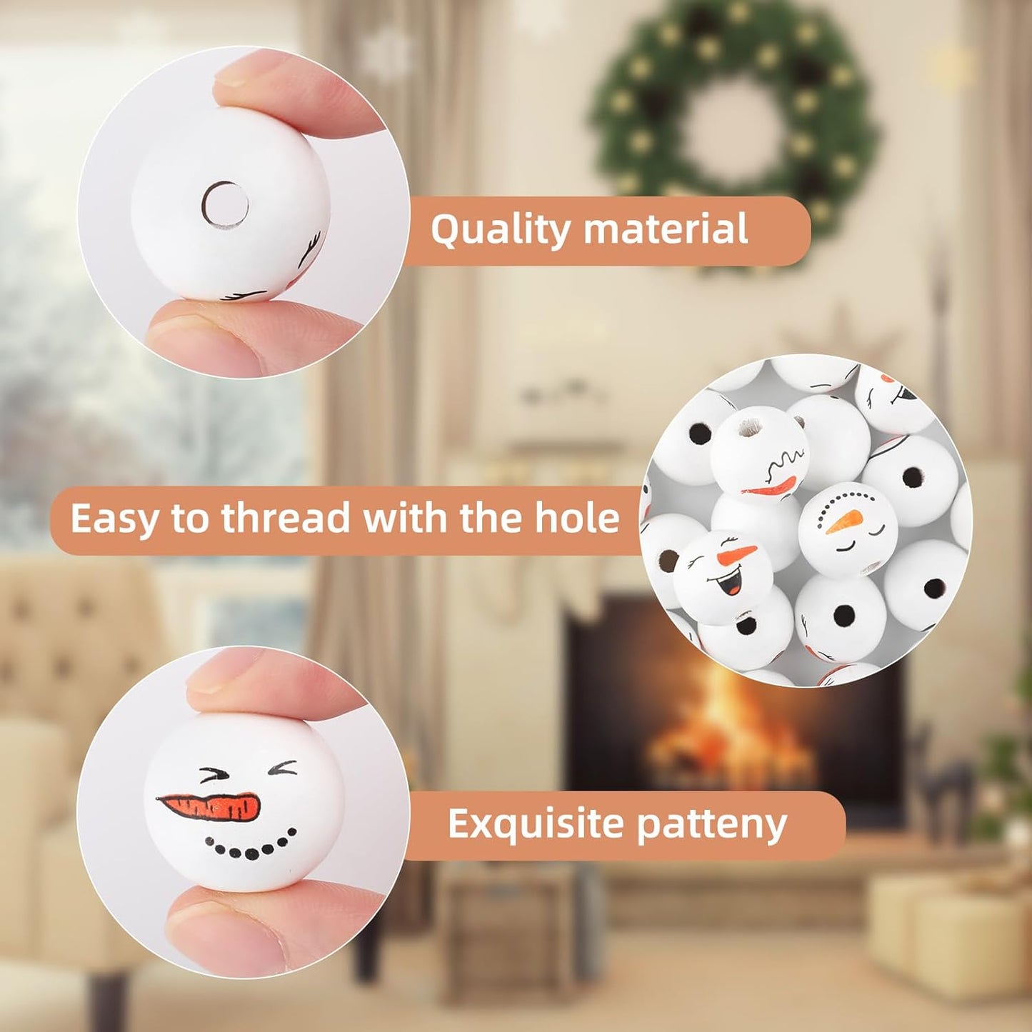 50PCS Christmas Snowman Wooden Bead, 20mm Winter Craft Wood Round Beads Natural Wood Beads for Xmas Tree Hanging Decoration Winter Holiday Garland Making DIY Craft Supplies