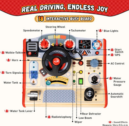Toddler Busy Board Toy for Steering Wheel with Sounds & Lights, Sensory Montessori Toy for 3 Year Old Boys Girls Birthday Present, Wooden Travel Toys for Kids Ages 3