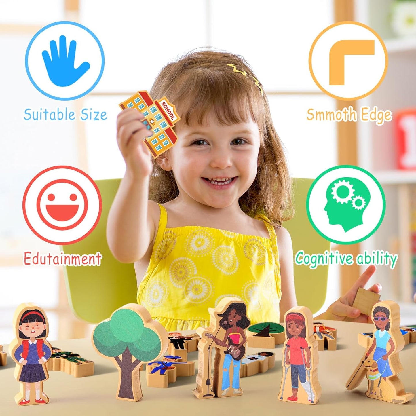 Blosssound 40 Pcs Wooden Community Helpers for Kids Little Occupations Figures Play Toys Wooden Blocks Multicultural Career Preschool Classroom Educational Supplies Birthday Gifts