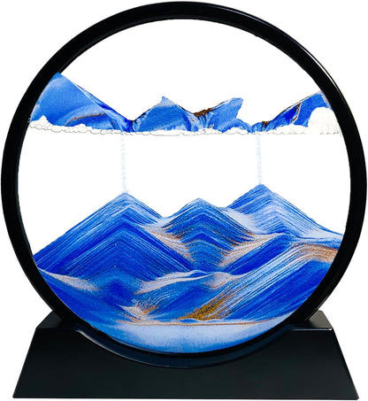 SANDCLE Moving Sand Art Liquid Motion - Moving Sand Art Picture Decor 3D Deep Sea Sandscape, Round Glass Frame Display Flowing Sand Relaxing Toy for Desktop Home Office Work Decoration(Blue, 12")