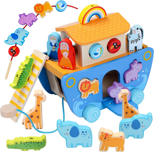 Tooysea Wooden Noah's Ark Toy with Animal Shape Sorter,Baptism Gifts for 1 2 3 4 Years Old,Montessori Toys for Toddlers,Baptism Gifts for Boys and Girls,24 Months Babies