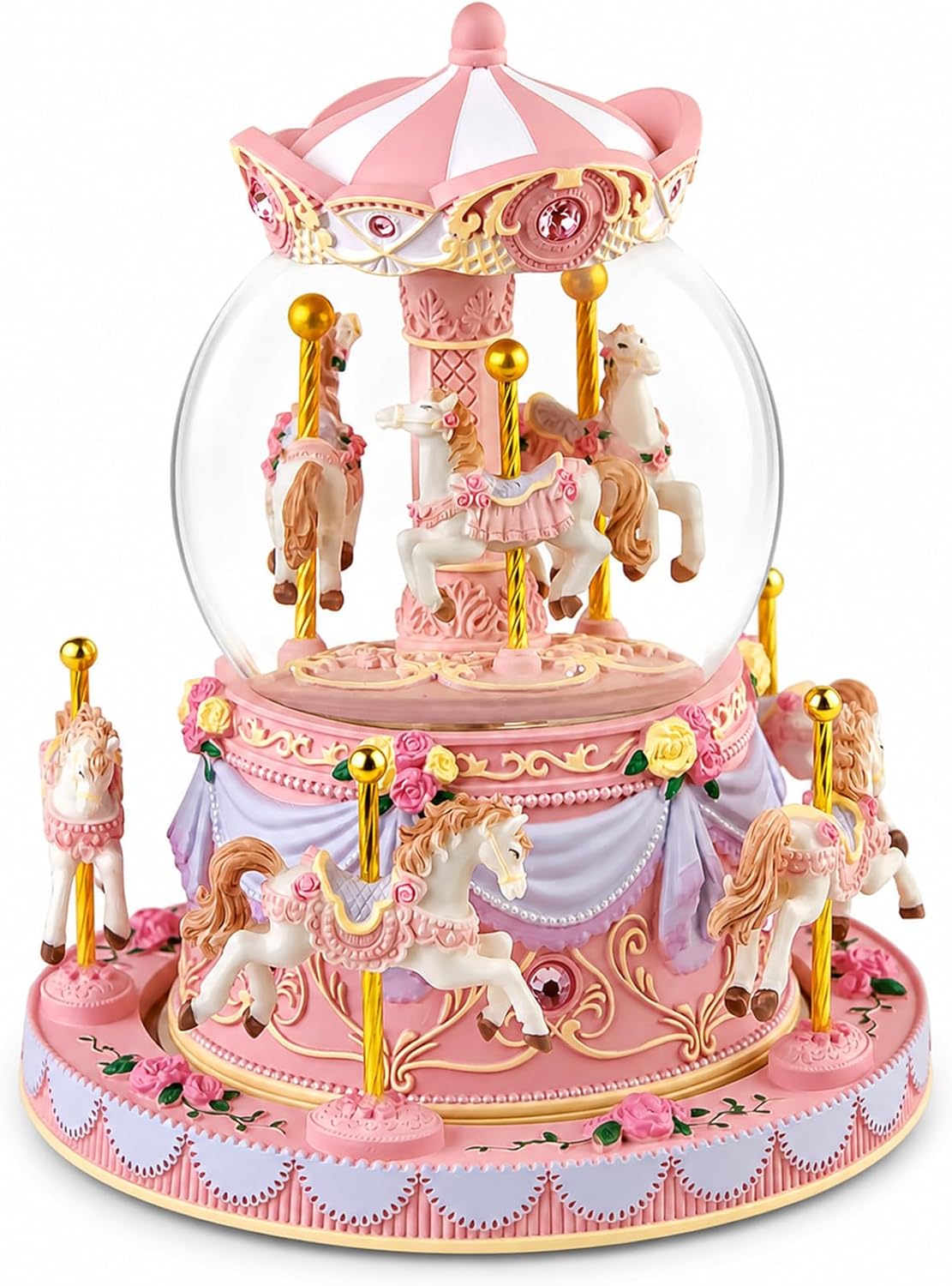Blue Carousel Snow Globe Music Box with LED Lights, Rotating Horse Merry Go Round with Glitter Snowfall, Wind Up Musical Snow Globe Plays Over the Rainbow, Gift for Daughter Granddaughter Women