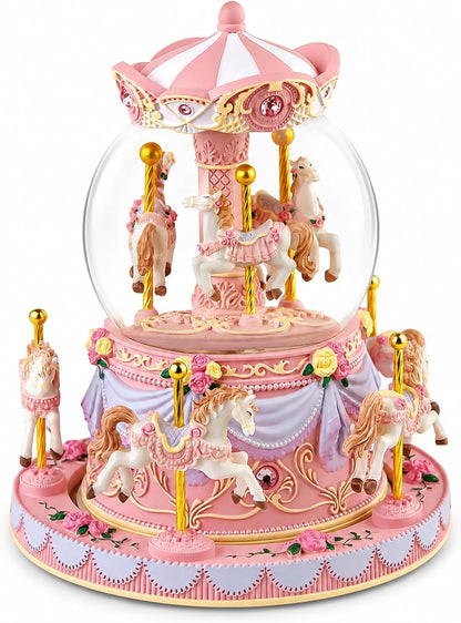 Blue Carousel Snow Globe Music Box with LED Lights, Rotating Horse Merry Go Round with Glitter Snowfall, Wind Up Musical Snow Globe Plays Over the Rainbow, Gift for Daughter Granddaughter Women