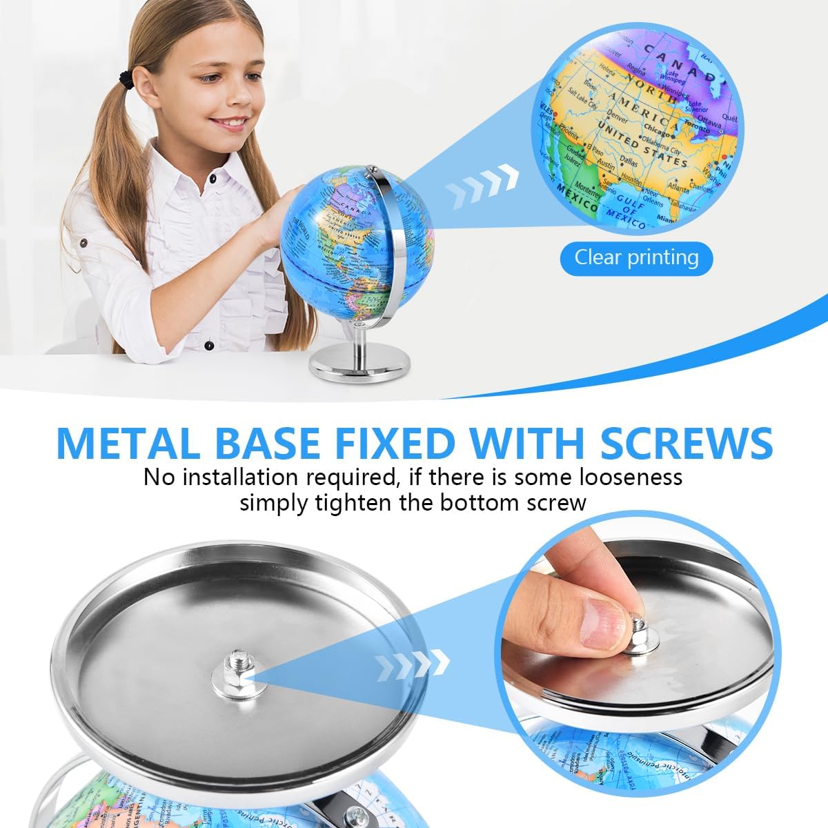 KISEER 6 Inch World Globe Rotating Earth Spinning Globe with Heavy Metal Stand for Kids Geography Classroom Education or Office Home Decorations