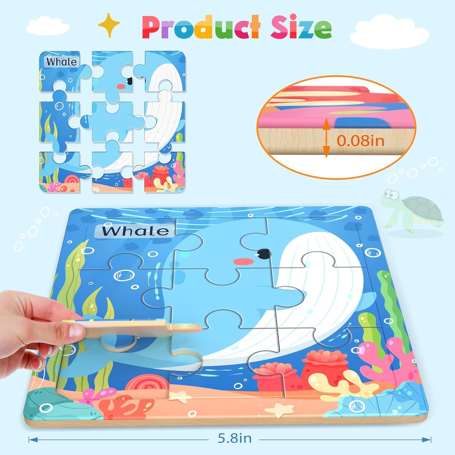 Zeoddler Wooden Puzzles for Toddlers, 8 Pack Insect Animal Jigsaw Puzzles for Kids3-5, 9 Pieces Preschool Learning Activities, Learning & Educational Toys, Gift for Boys, Girls