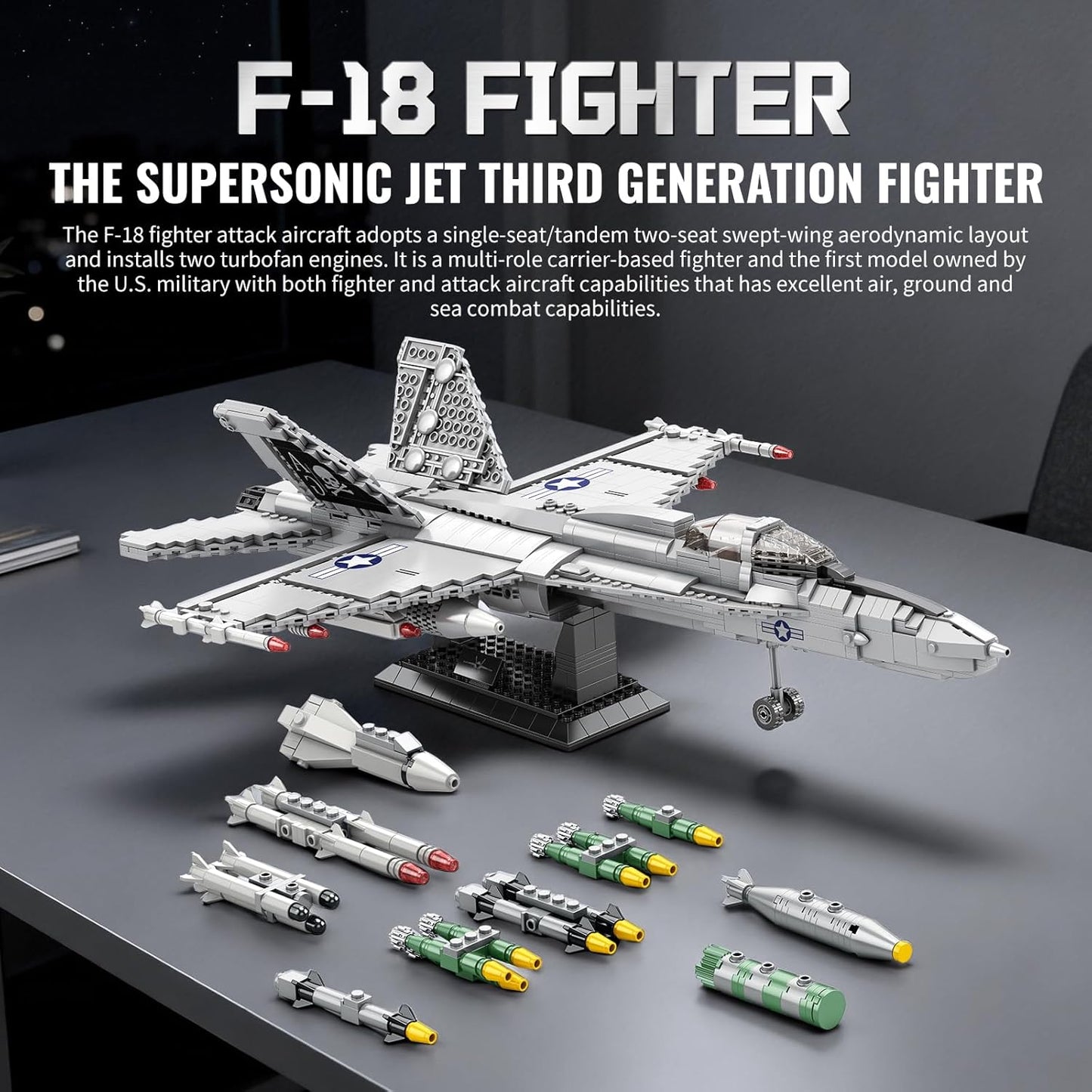 F-18 Fighter Jet Building Set for Adults, 1387PCS Military Hornet Aircraft Model with Retractable Landing Gear, Movable Wings, Display Stand, Technical Plane Collectible Kit for Men