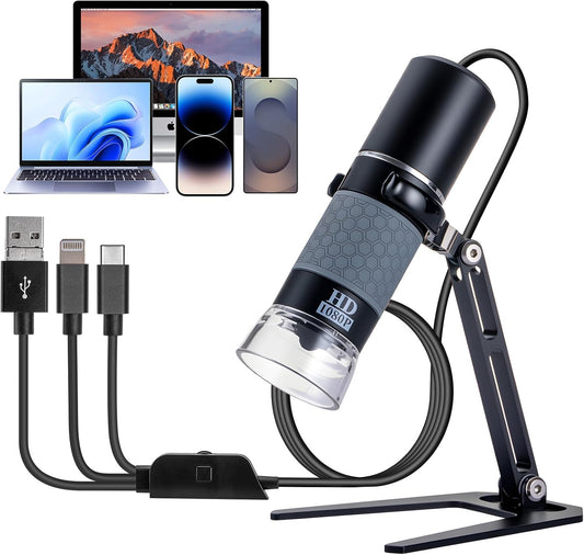 USB Microscope Compatible with iPhone Android Phone Tablet and Windows Mac PC, HD 1080P Wired Digital Microscope Camera for Adults and Kids