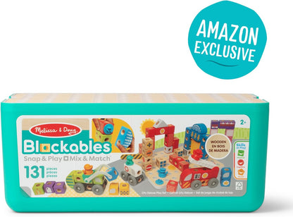 Melissa & Doug Blockables™ Deluxe City Snap and Play, Mix and Match Connectable Wooden Building Blocks Set with Storage Bin and Play Lid (122 Pcs) Ages 2 to 7- FSC Certified