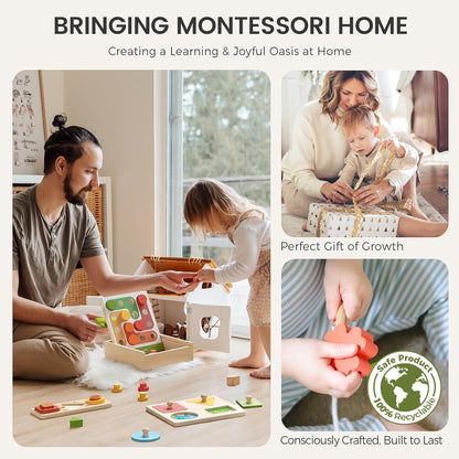 Tiny Land Montessori Toy Set for Babies 7-9 Months Senser Play Kit - 5-in-1 Wooden Learning Toys with Object Permanence Box, Sensory Ball, Stacking Cups and Mirror Puzzle,Body Board Book