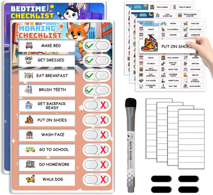 Dry Erase Kids Chore Chart for 2 Kids Pink and Blue - Magnetic Routine Chart with Slider Cute Design Stickers, Morning Bedtime Routine Chart for Toddlers Visual Schedule for Kid