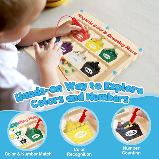 Aizweb Magnetic Color & Number Maze,Montessori Toys Wooden Magnetic Puzzle Board Color Sorting Counting Matching Toy,Toddler Learning Activities Fine Motor Skills Toy for Boy Girl 2 3 4 5 Year Old