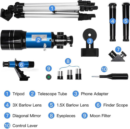 Telescope for Kids & Adults, 70mm Aperture 300mm Telescopes for Astronomy Beginners, 15X-150X Magnification Portable Refractor Telescope with Adjustable Tripod, Phone Adapter