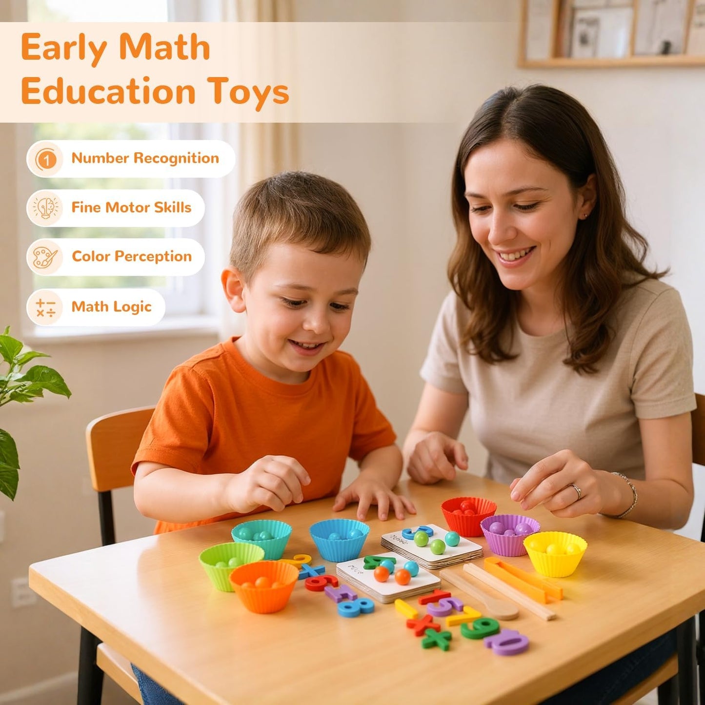 Wooden Peg Board Bead Game, Montessori Arithmetic Math Toy Set with Beads, Chopsticks & Spoons, Children's Preschool Fine Motor Toys for 3 4 5 Years Old