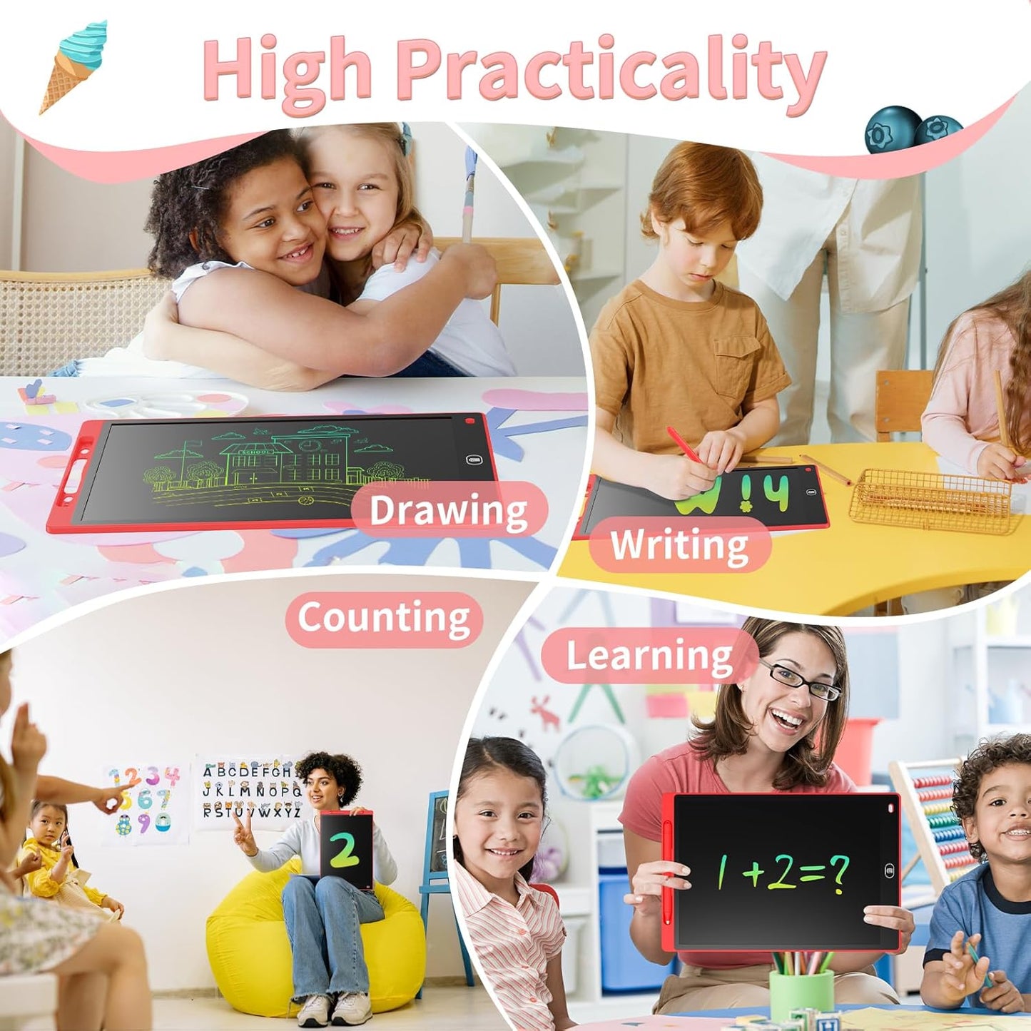 [2 Pack] Genialba LCD Writing Tablet 12-Inch Colorful Doodle Board, Toddler Learning Educational Toys Gifts for 3-8 Years Old Girls and Boys, Electronic Drawing Pad for Kids (Pink&Blue)