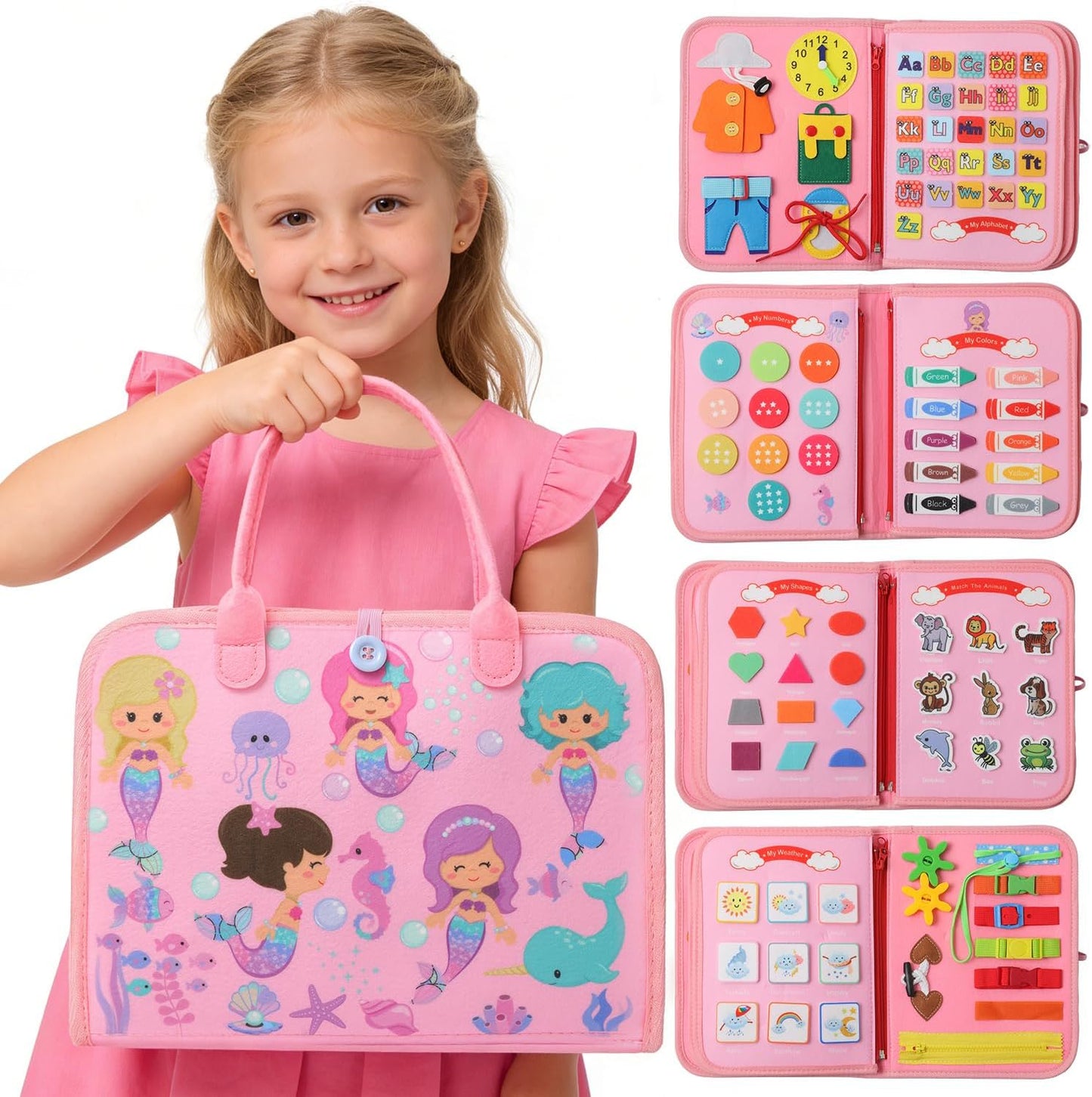 Mermaid Busy Board Book Toys for Girls, Sensory Educational Activities Busy Book for Learning Fine Motor Skills for Toddlers, Travel Activities Toy for Airplane and Car Travel
