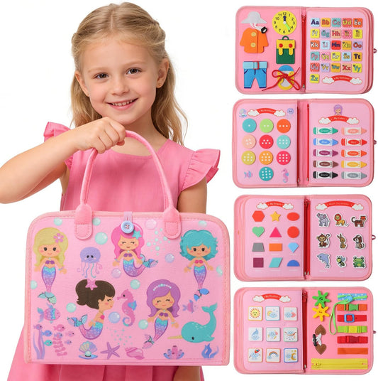 Mermaid Busy Board Book Toys for Girls, Sensory Educational Activities Busy Book for Learning Fine Motor Skills for Toddlers, Travel Activities Toy for Airplane and Car Travel