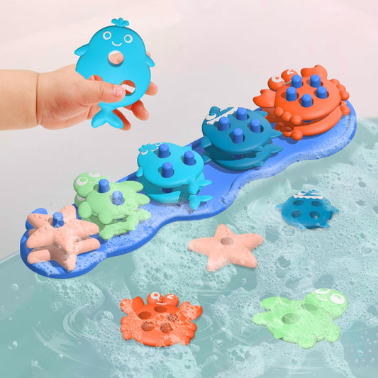 Baby Bath Toys, Mold Free Silcone Shape Sorting & Stacking Bath Toy Set with 20 Textured Floating Pieces, No Hole Design, Silicone Color & Shape Sorter for Toddler Early Learning Bathtub Fun