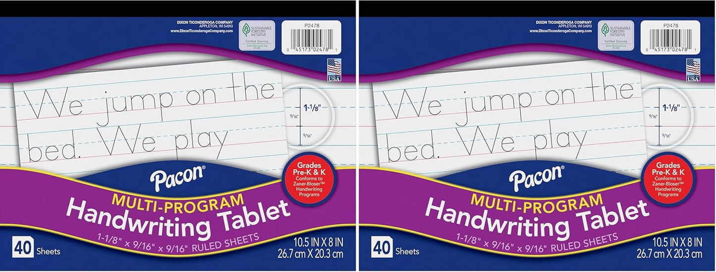Pacon Handwriting Paper, Zaner-Bloser Grades Pre-K & K, 1-1/8" x 9/16" x 9/16" Ruled 10-1/2" x 8", Ruled Long, 40 Sheets